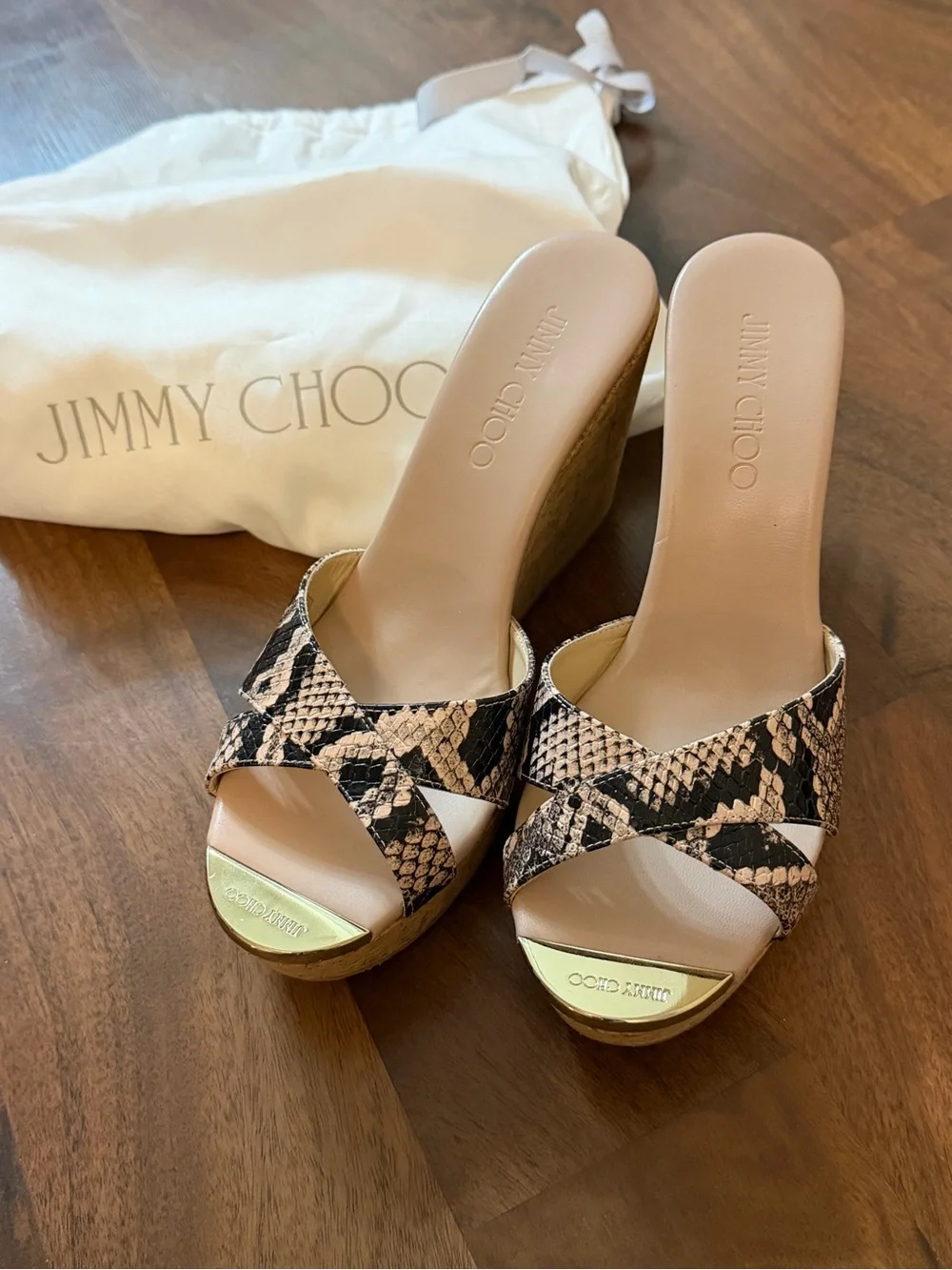 Jimmy Choo Beige and Black Snake-Print Wedge Sandals with Gold Toe Accent